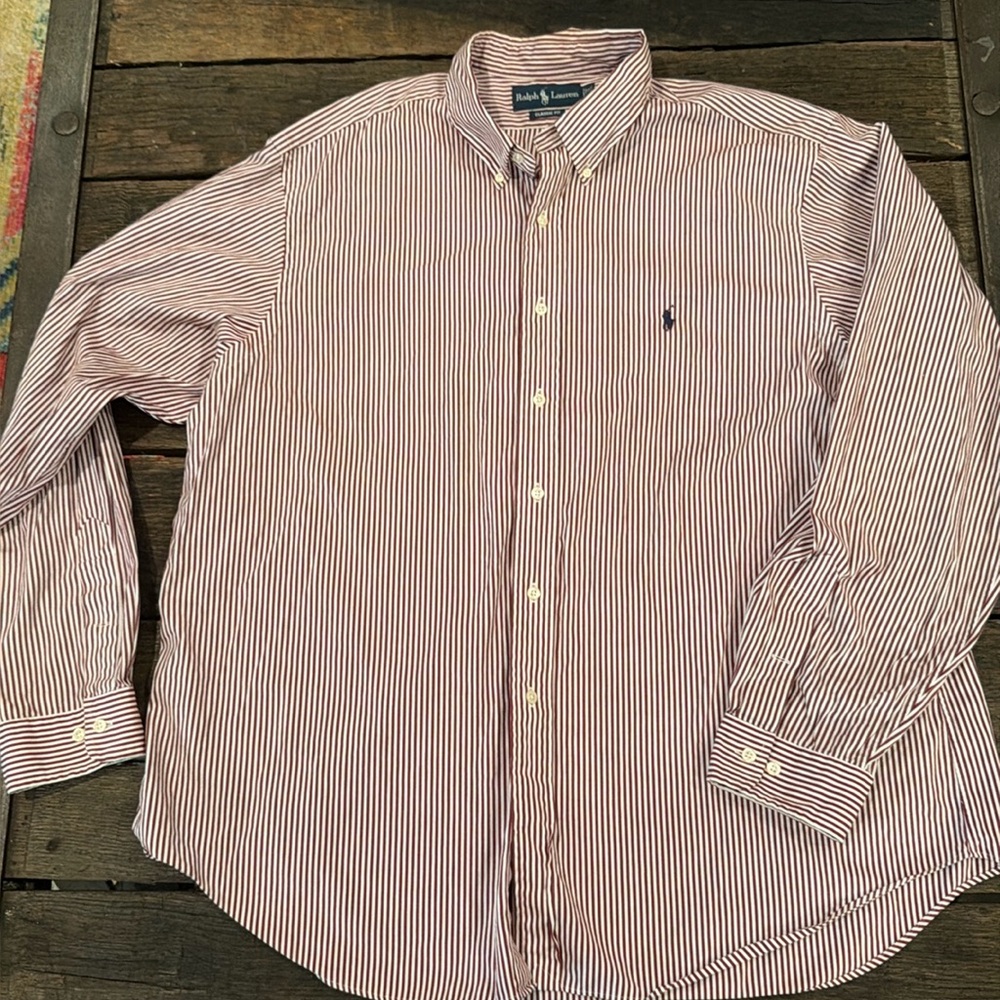 Ralph Lauren Men's Burgundy Striped Button Down Shirt pony sz 18 /36,37